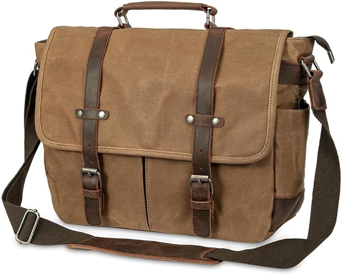 Vintage Genuine Leather Waxed Canvas Briefcase Large Satchel Shoulder Bag Rugged Computer 15.6" Laptop Bag