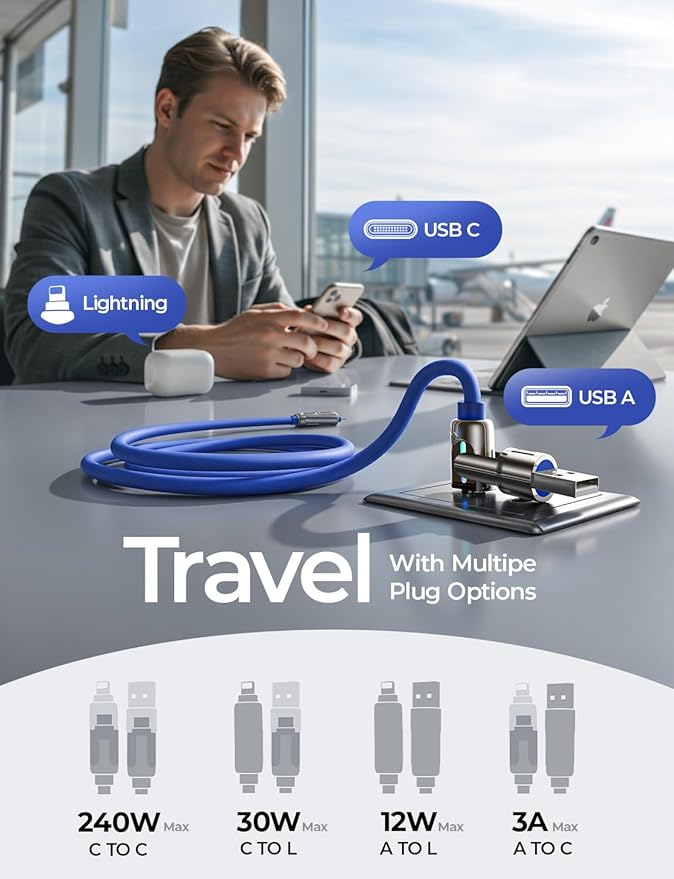 LISEN USB C to Lightning Cable, 240W 4 in 1 Charging Cable 6.6FT, Chubby USB A/C to C/Lightning with Light for iPhone Charger Fast Charging iPhone Air 17 16 15 14 Pro/MacBook/iPad, Dark Blue