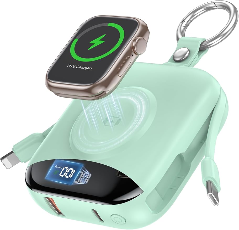 Portable Charger, 10000mAh 22.5W Fast Charging Power Bank with Built-in Cables, Travel Essentials Battery Pack with LED Display for iPhone, Portable iWatch Charger for 11/10/9/8/7/6/5/4/SE/Ultra Green