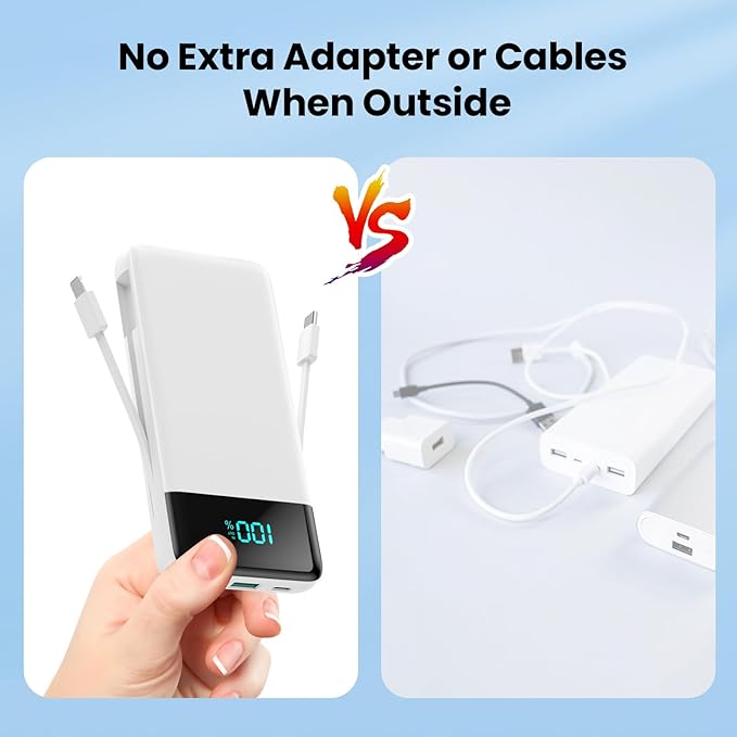 Portable Charger for iPhone with Built-in Cables and Wall Plug,Upgraded 13800mAh Fast Charging USB C Power Bank,4 Outputs Slim Travel Essential Battery Pack for iPhone 17/16/15/14/13,Galaxy,-White