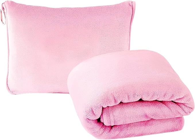 Travel Blanket and Pillow Set 2-in-1 Cozy Flannel Airplane Blanket with Luggage Sleeve Backpack Clip Soft Foldable Travel Throw for Plane Car Camping
