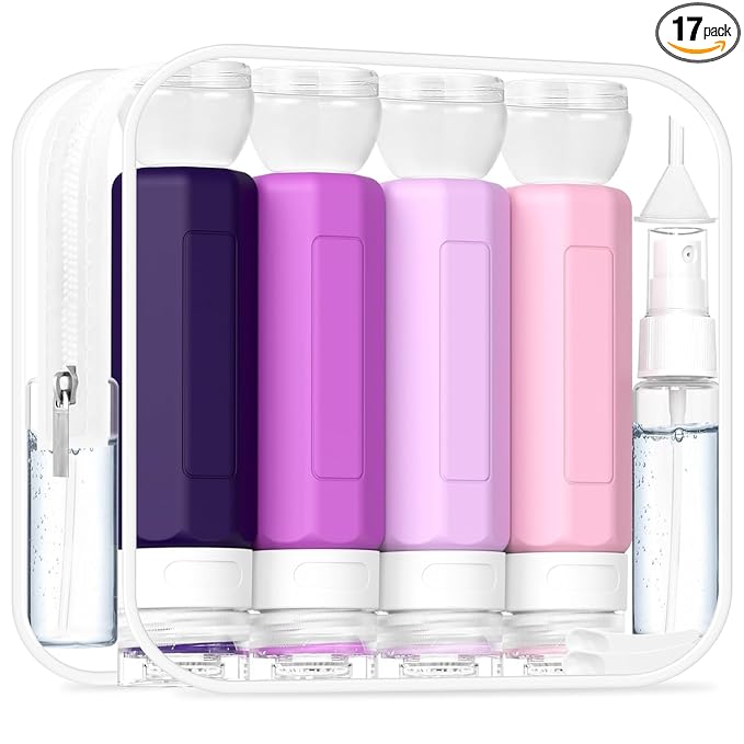 Redfly 17PCS Travel Bottles for Toiletries, TSA Approved Travel Size Containers, Leak Proof Travel Containers for Toiletries, Silicone Travel Kit for Shampoo, Conditioner, Lotion & Creams Purple