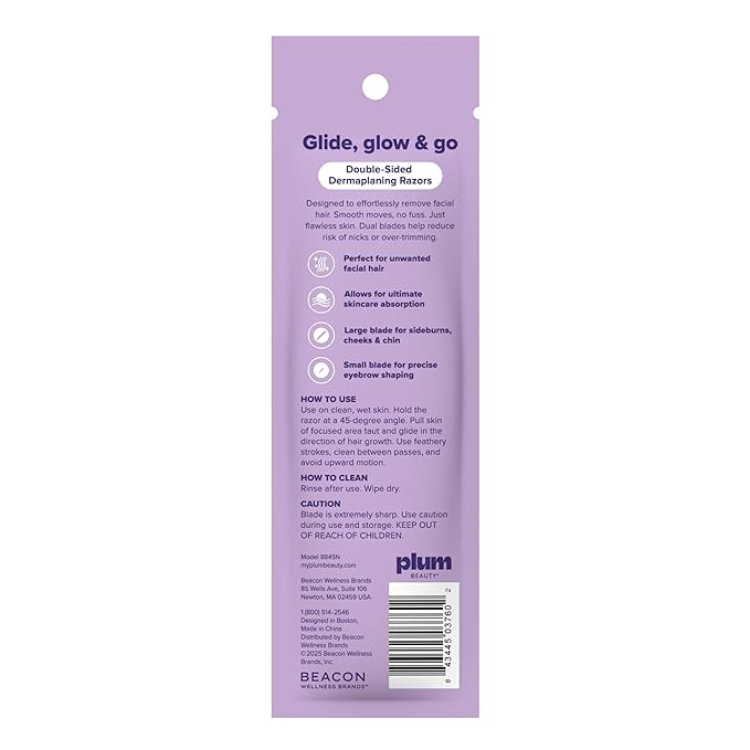Plum Beauty Double-Sided Dermaplaning Razors (4-Pack) – Dual-Blade Facial Razors for Women - Precision & Large Blades for Brows, Upper Lip, & Cheeks - Peach Fuzz Remover & Exfoliating Face Tool