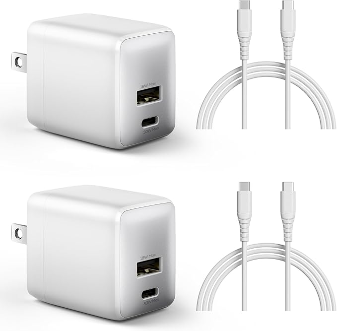 wegear USB C Fast Charging Charger, 30W Dual-Port GaN Nano Charger with Foldable Plug for iPhone 17/16/15 Series, iPad, Galaxy S24 Ultra and More Series, (White, 2 Pack & 2 Cable)