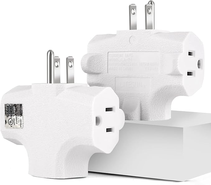 3 Outlet Wall Adapter T-Shaped, UL Listed 3 Prong Grounded Plug Extender,125V 1875W - Heavy Duty Multi Outlet Wall Plug,Power Outlet Splitter (1 Pack)