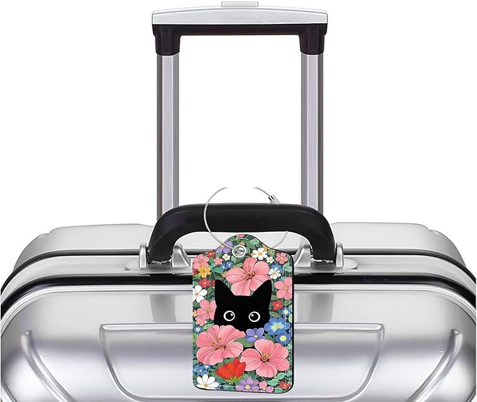 2 Pack Luggage Tag for Suitcase, Cute Unique Leather Bag Tags Identifiers Privacy Cover ID Label with Durable Steel Loop for Women Men Kids Girls Travel (BlackcatskyC)