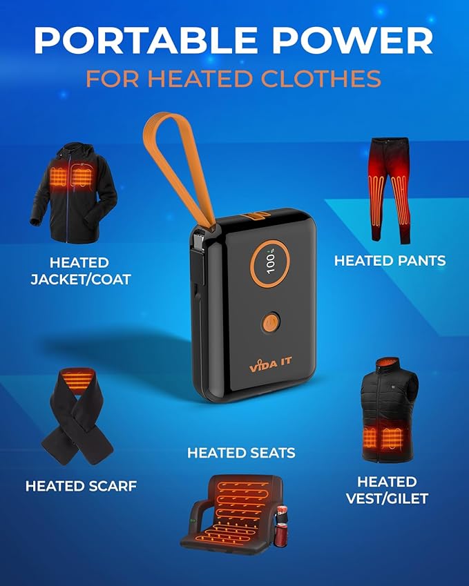 5V 2A Power Bank for Heated Jacket, Heated Vest Battery Pack 10000mAh Portable USB Charger, Power Pack for Heated Stadium Seat Chair, Mobile Phone Charger for iPhone Android with Built-In Cable Fast
