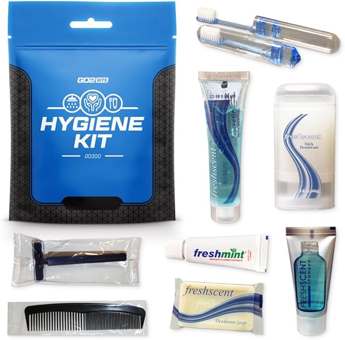 Travel Toiletry Kit, Hygiene Kit with Shaving Supplies for Travel, Business & Charity with Reusable Toothbrush, Bath Soap & Other Essential Toiletries, 1-Pack (GO300)