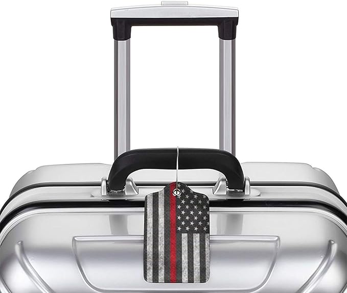 2 Pack Luggage Tags for Suitcases, PU Leather Bag Tag with Privacy Cover Address Card Travel Essentials-Thin Red Line Flag American Firefighter Flag
