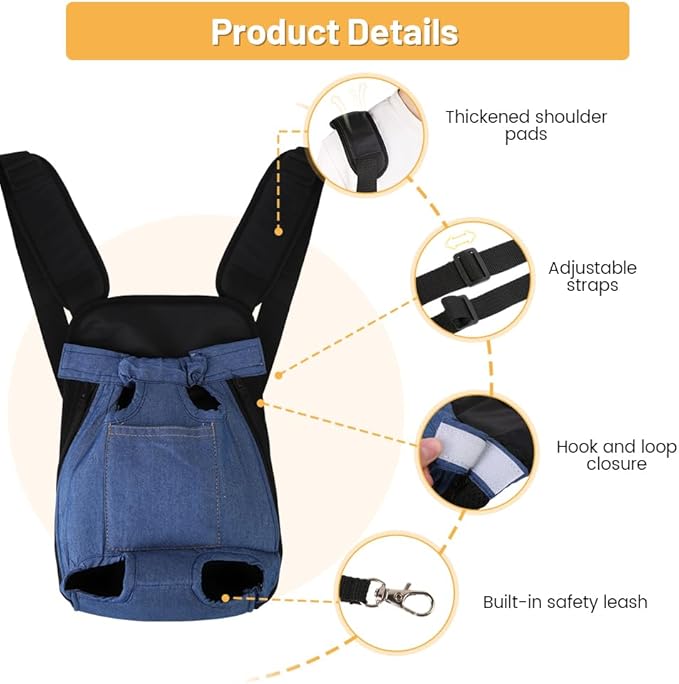 Inspack Dog Backpack Carrier/Cat Carrier, Adjustable Pet Front Carriers Travel Bag for Puppy Med Dogs, Legs Out, Soft Ventilated Dog Chest Carry Backpacks for Hiking/Camping, 2.5-4 lbs, Indigo Denim