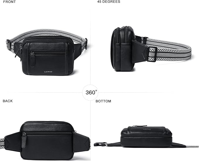 LATMAP 3L TRIPLE ZIP Fanny Packs Belt Bag For Women Men Crossbody Waist Pack Sling Chest Bum Travel Bag Purse Faux Leather Fashion Cute Black