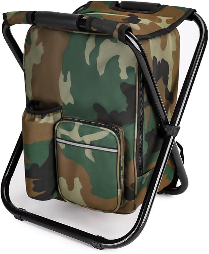 YESIACE Portable Hiking Camouflage Camping Stool, Folding Camping Chair Stool Backpack with Cooler Insulated Picnic Bag
