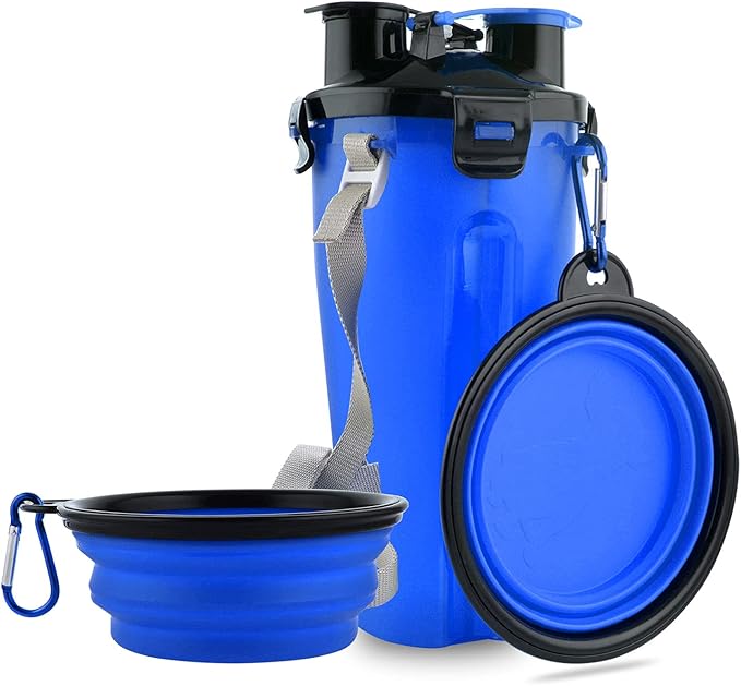 Dog Travel Water Bottle Collapsible Bowls, 2 in 1 Pet Food Container with Collapse Bowls, Outdoor Portable Water Bowls for Walking, Traveling, Camping and Hiking (Blue)