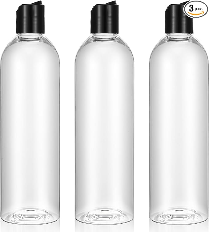 3 Pack 14 oz Clear Plastic Empty Bottles with Black Disc Top Caps Refillable Squeezable Trave Containers for Shampoo, Lotions, Creams