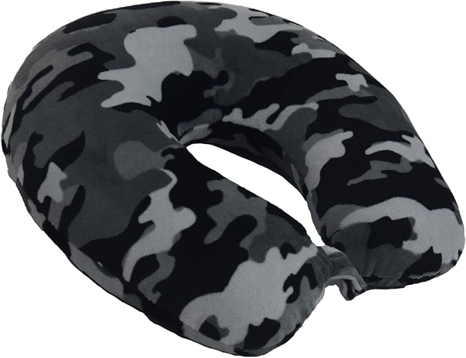 Wolf Essentials Adult Cozy Soft Microfiber Neck Pillow for Travel – Compact, Machine Washable - Perfect for Airplane, Car, or Home Use - Filled and Finished in The USA – Black Camo