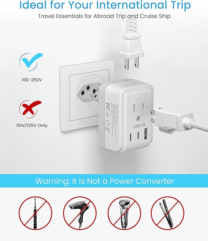2 Pack Brazil Power Adapter, VINTAR Foldable Type N Plug Adapter with 2 AC Outlets 3 USB Ports (2 USB C), Brazil Outlet Plug for US to Brazilian