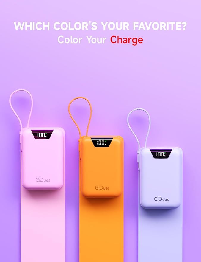 M2 Portable Charger, 20000mAh Power Bank, PD 35W Ultra Fast USB-C Built-in Cable, Compact Cute Mini External Battery Pack for iPhone, Samsung, Android iPad (Purple)