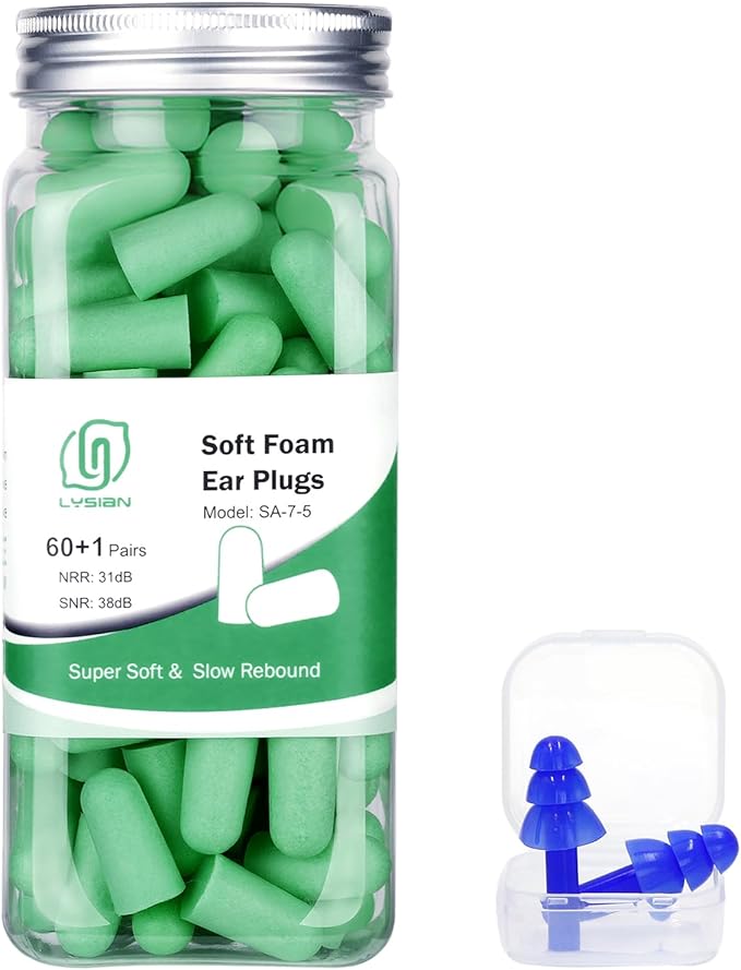 LYSIAN Foam Ear Plugs for Sleeping, 60 Pairs, SNR 38dB Noise Reduction Earplugs, Soft Slow Rebound Earplugs for Snoring, Study, Travel, Concerts, Work and Hearing Protection, Green