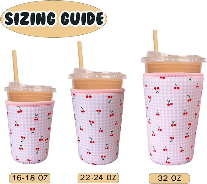 Reusable Insulated Neoprene Iced Coffee Cup Sleeve, Durable Drink Sleeve for Cold Beverages, Beverage Holder for Iced Coffee, Pink Cherry