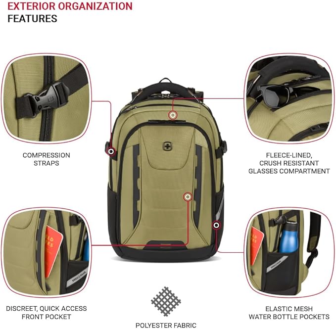 SwissGear Travel Tech Pro Laptop Backpack – Fits Laptops up to 16” – ScanSmart TSA-Friendly Backpack with Multiple Organizer Pockets – Olive