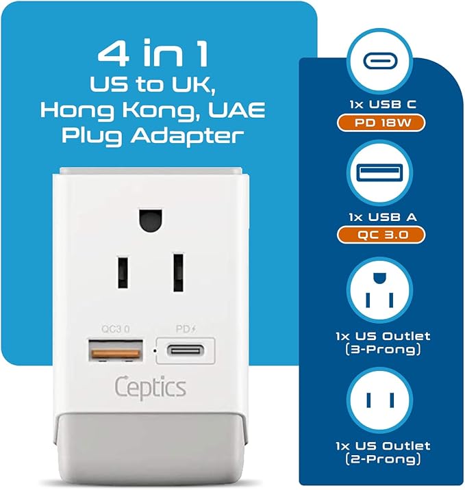 Ceptics UK Ireland Hong Kong Plug Adapter, International Power Plug with USB & USB-C - 2 USA Socket, QC 3.0 & PD - Type G Outlet Adapter for USA to British England Scotland London - Fast Charging