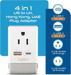 Ceptics UK Ireland Hong Kong Plug Adapter, International Power Plug with USB & USB-C - 2 USA Socket, QC 3.0 & PD - Type G Outlet Adapter for USA to British England Scotland London - Fast Charging