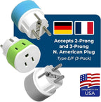 OREI Germany, France, Schuko Power Plug Adapter with 2 USA Inputs - Travel 3 Pack- Type E/F (US-9) Safe Grounded Use with Cell Phones, Laptop, Camera Chargers, CPAP, and More