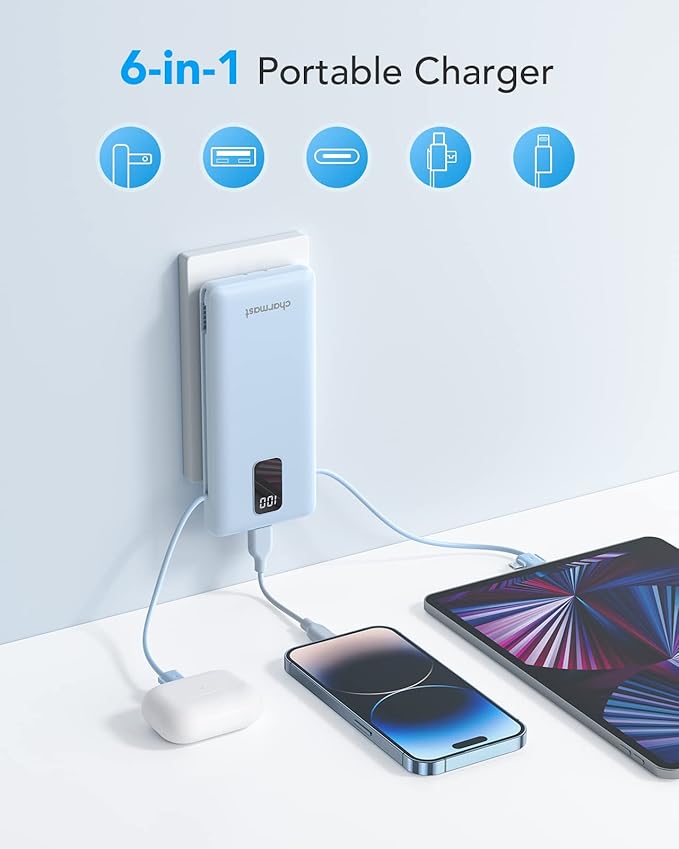 charmast Portable Charger with Built-in Cables and Wall Plug, 10000mAh USB C Portable Power Bank, Potable Phone Charger, Travel Essentials Compatible with iPhones, Samsung Galaxy, iPad