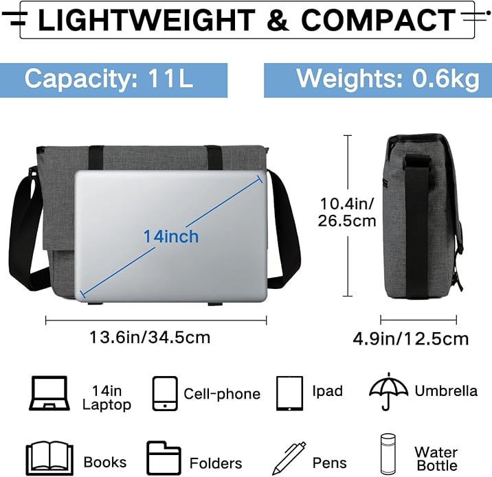 VASCHY Messenger Bag,Water Resistant Casual Lightweight Slim Crossbody Shoulder Bag for Men Women Work School for 14in Laptop