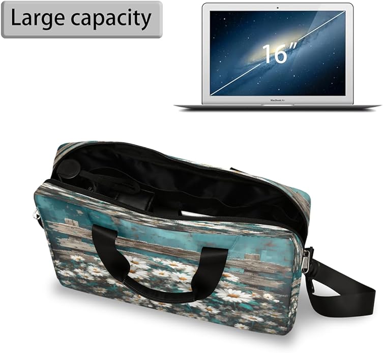 Vintage Daisy Wooden Board Laptop Bag 16 Inch, Slim Business Briefcase for Men Women, Shoulder Bag with Handle & Detachable Strap, Work Office Computer Messenger Bag