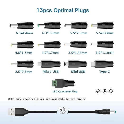 Powseed 5V Universal DC Power Cable, USB to DC Charging Cord with 13pcs Adapter Plugs for Webcam Router, Recorder, Bluetooth Speaker, Scanner, DVR, Hard Disk Box, USB-HUB etc.