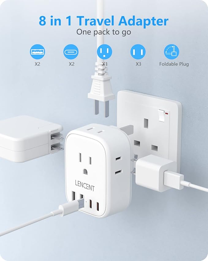 LENCENT 2 Pack US to UK Ireland Travel Plug Adapter,Grounded Type G Adapter For Travel with 4 Outlets 4 USB Ports (2 USB C), Power Plug for USA to Dubai Scotland British London England Hong Kong