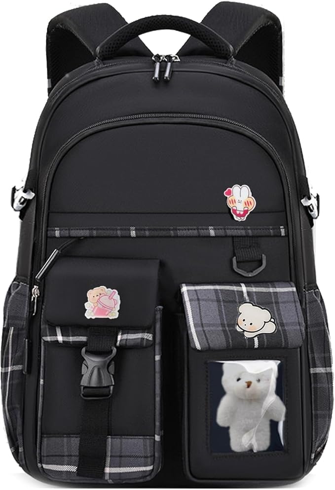 PRLINJSK Girls Backpack，Cute School Backpack for Girls Kids Teens，Kawaii Bookbag for Primary Elementary，Black