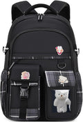 PRLINJSK Girls Backpack，Cute School Backpack for Girls Kids Teens，Kawaii Bookbag for Primary Elementary，Black