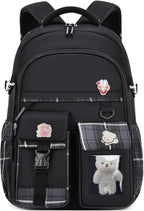 PRLINJSK Girls Backpack，Cute School Backpack for Girls Kids Teens，Kawaii Bookbag for Primary Elementary，Black