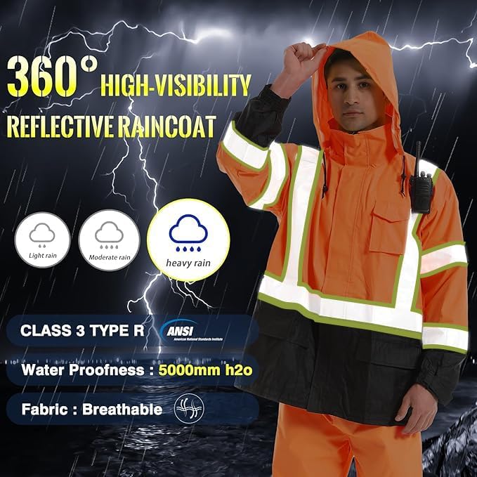 SKSAFETY Hi Vis Safety Rain Jacket for Men, Construction Work Rain Gear Heavy Duty Class 3 Rain Coat Waterproof Lightweight