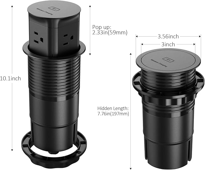 Jgstkcity Pop Up Outlet with 15W Wireless Charger,4 Outlets 15A, Splash Resistant,3 inch Desk Hole Power Grommet,Space Saver Outlet for Kitchen Countertop,Office Conference Table,ETL Listed (Black)