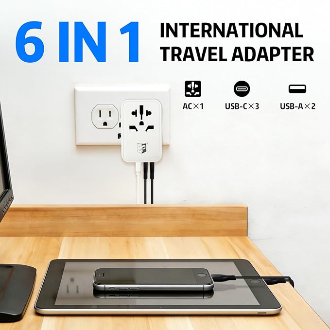 EP 65W International Travel Adapter, Universal Power Charger Outlet with 3 USB-C and 2 USB-A Ports, Worldwide Plug Adaptor Wall Charger, Compatible with US/CA/EU/UK/AU/JP ＆ 150+ Countries - White