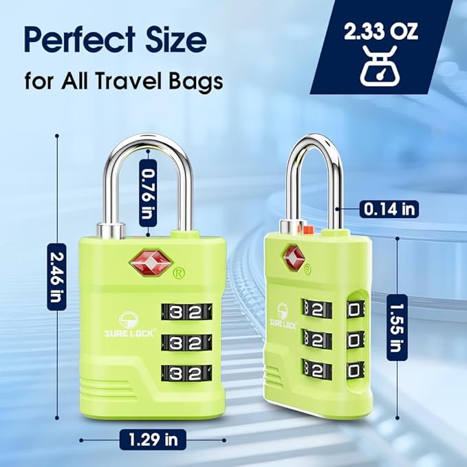 SURE LOCK TSA Approved Luggage Lock – 3-Digit Resettable Combination Padlock with Open Alert Red Dot, Large Easy-Read Dials for Suitcases, Backpacks, Gym & School Lockers (Green 4 pk)