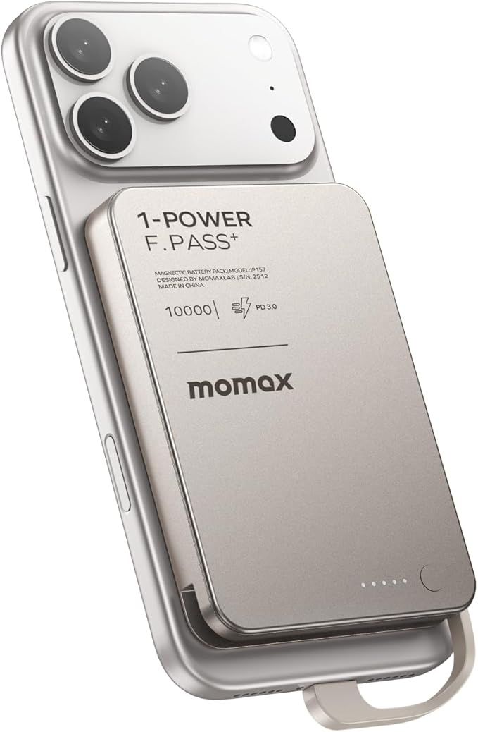 MOMAX Ultra-Slim 10000mAh Portable Power Bank with Built-in USB-C Cable, PD 30W Fast Charging Battery Pack for iPhone 17/16/15, iPhone air, Galaxy, Pixel (No Wireless,No Lightning)