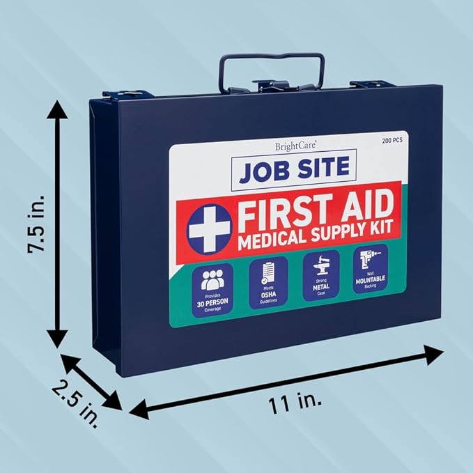 Metal Case First Aid Kit for Job Site & Contractors - OSHA Compliant, Heavy Duty Case for Work Trucks, Fleet, Renovation, Industrial, and Construction- 200 Piece Wall Mount & Portable First Aid Kit
