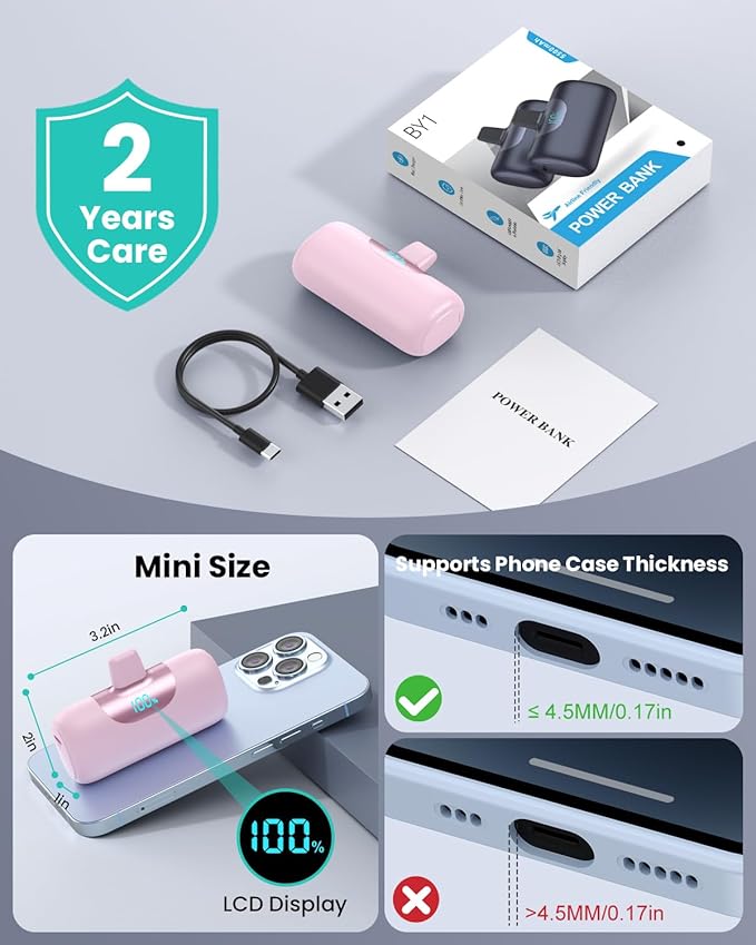 Mini Portable Charger for iPhone,Upgraded 22.5W PD Fast Charging 5500mAh Ultra-Compact Power Bank,LCD Display Plug-in Cute Battery Pack Travel Essentials for iPhone 14/14Pro/13/12/11/X/8/7/6plus-Pink