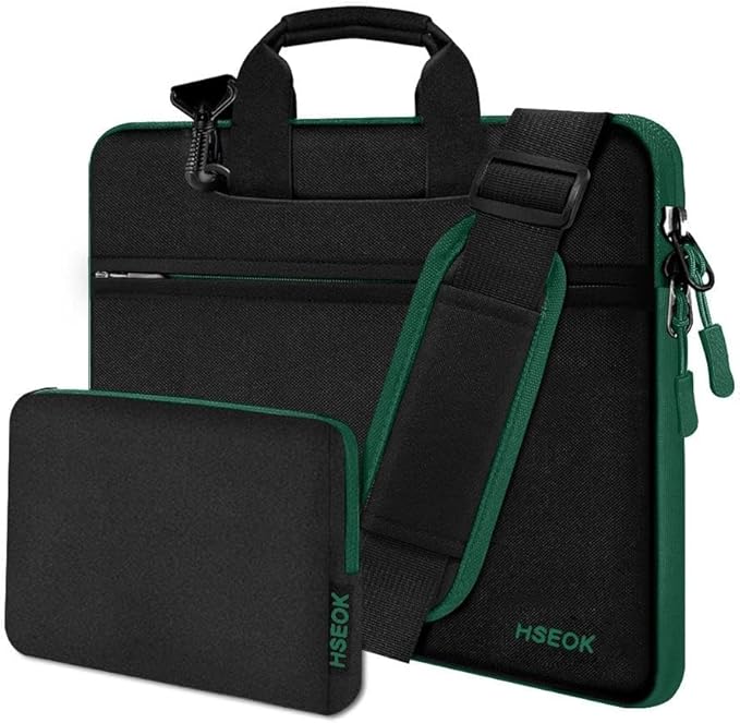 Hseok Laptop Shoulder Bag 15-15.6 inch Shockproof Water-Resistant HandBag with Small Case Compatible with MacBook Pro Neo 16" M5 M4 M3 M2 M1, Mac Pro Air 15", XPS 15/16, Most 15" 15.6" 16",BK-green
