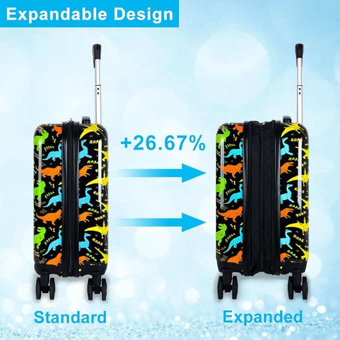 2Pcs Kids Suitcase Set, 16.5" Hardside Boys Travel Luggage with Spinner Wheels, Dinosaur Carry on Rolling Luggage Airline Approved (Black)