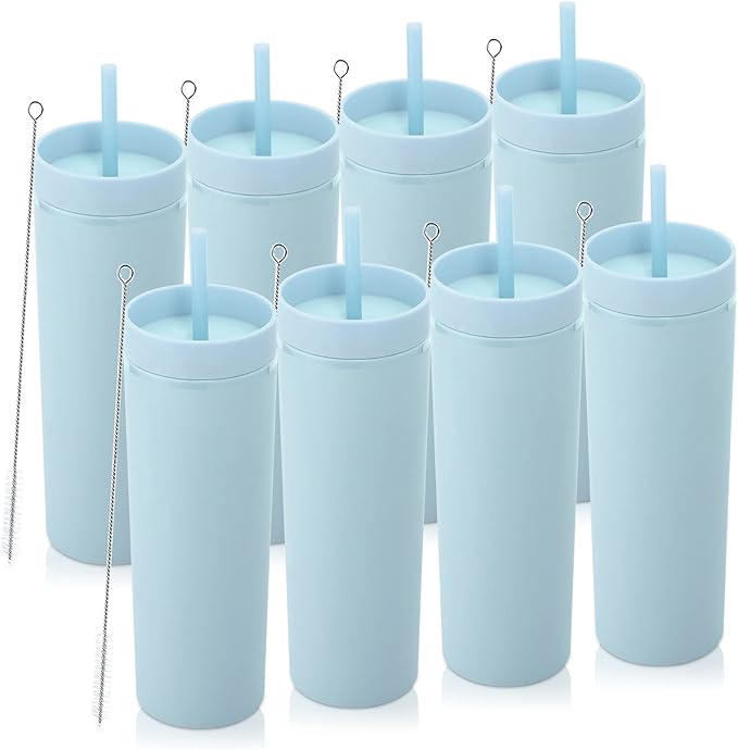 Volhoply 20oz Tumbler with Lid and Straw 8 Pack,Double Wall Plastic Skinny Tumblers Bulk,Reusable Travel Cute Coffee Mug,BPA Free Matte Acrylic Water Cups With Straw for Party,DIY Gifts(Blue, 8 Set)