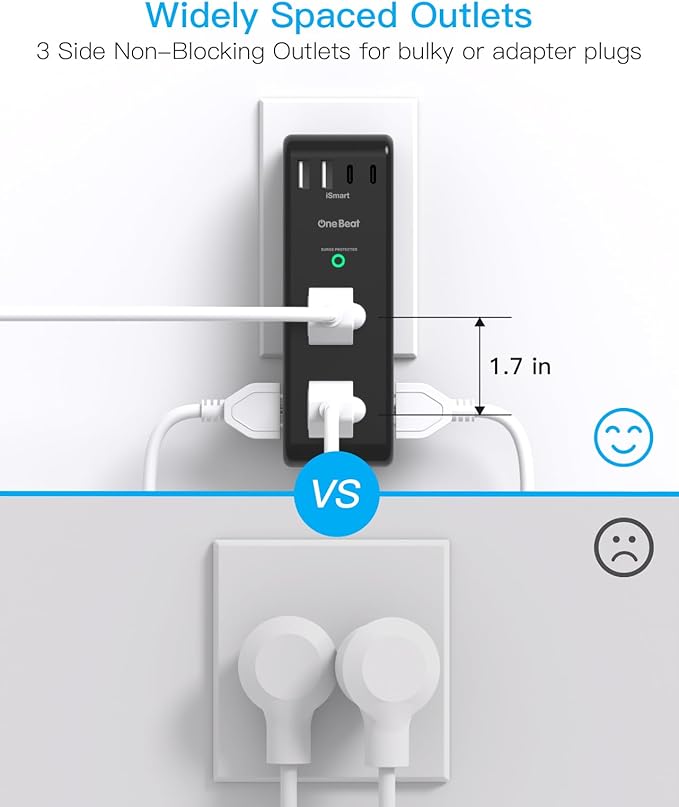 Surge Protector Outlet Extender with Rotating Plug, 6 AC Multi Plug Outlet with 4 USB Ports (2 USB C), 1800 Joules, 3-Sided Swivel Power Adapter with Spaced Outlet Splitter for Dorm, Office, Black
