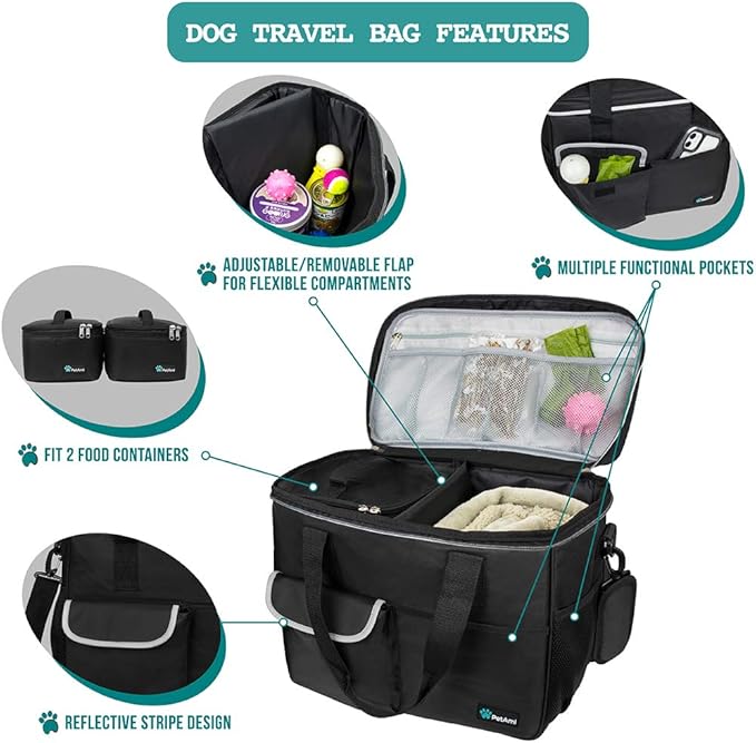 PetAmi Dog Travel Bag, Travel Pet Bag Organizer, Dog Food Travel Bag with Container Collapsible Bowls, Pet Travel Supplies Gift Accessories for Weekend Camping, Puppy Cat Diaper Bag, Black Medium