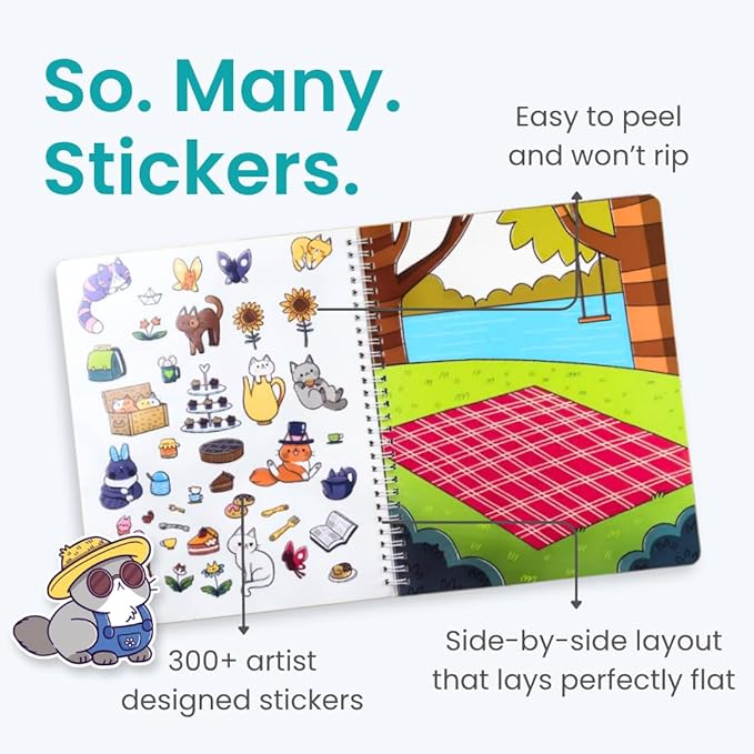 Land of Cats 300+ Kids Sticker Book by Cupkin Toddler Road Trip Coloring and Sticker Book, Road Trip Essentials, 8 Coloring Pages 8 Side by Side Scenes for Ages 2–8 Years