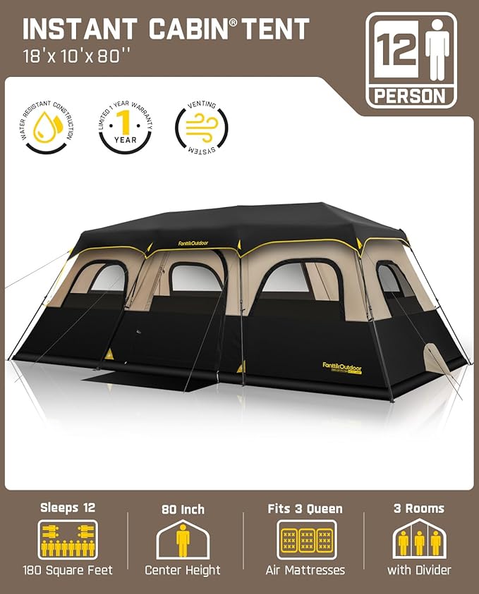 FanttikOutdoor Instant Cabin Tent 6/8/10/12 Person Camping Tent Setup in 60 Seconds with Rainfly & Windproof Portable with Carry Bag for Family Camping & Hiking, Upgraded Ventilation, Khaki