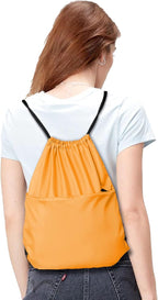 Drawstring Backpack Sports Water Resistant String Bag Sport Gym Sackpack for Women Men Large with Zipper, Orange